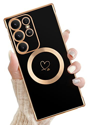 Newseego Magnetic Case for Samsung Galaxy S23 Ultra[Compatible with MagSafe], Flexible Soft Silicone Protective Phone Case Cute Love Heart Pattern Gold Shockproof Bumper Cover Samsung S23 Ultra-Black