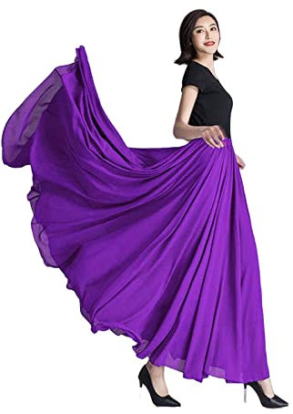 COTCLO Falda Larga de Baile Plisada para Mujer, Verano, Color Sólido, Cintura Alta, Gasa, Grande Con Vuelo, Morado (, 52