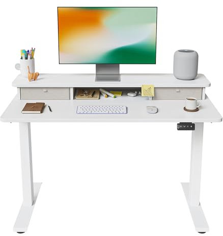 FEZIBO Höhenverstellbarer Elektrischer Stehtisch mit Doppelschublade, 100 x 60 cm Stehtisch mit Ablage, Sitz-Steh-Schreibtisch mit Verbindungsplatte, Weißer Rahmen/Weiße Oberfläche