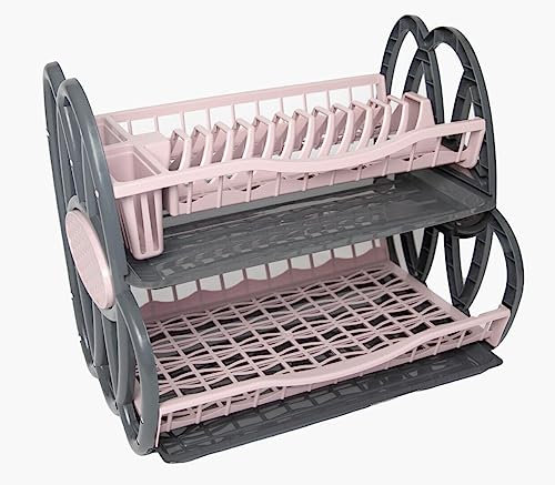 Best House Double Plastic Dish Rack, 2 Tier Double Dish Drainer Rack Large Plate Cutlery Cup Holder Plastic Trays - Pack of 1 (Pink)