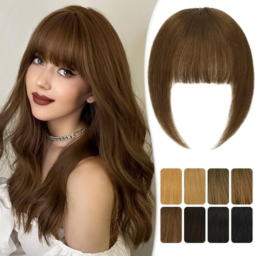 RUWISS Clip in Pony 100% Haarteil Echthaar Clip in Bangs mit Schläfen Remy Echthaar Fringe Dickes Bangs für Frauen Pony Extension Echthaar für Damen(Mittelbraun)