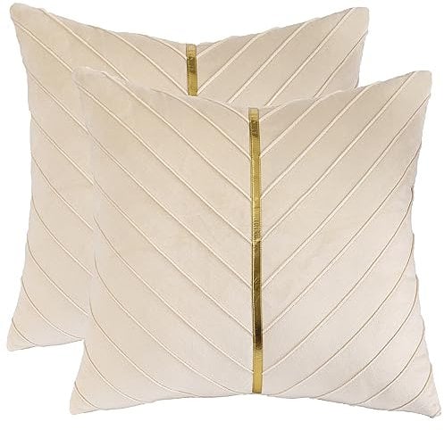 Tosleo 2 Stück Samt Kissenbezüge 55x 55 cm Dekorative Kissenhülle mit Gold Leder Luxus Moderne für Wohnzimmer Schlafzimmer Sofa Kissen Bett Creme