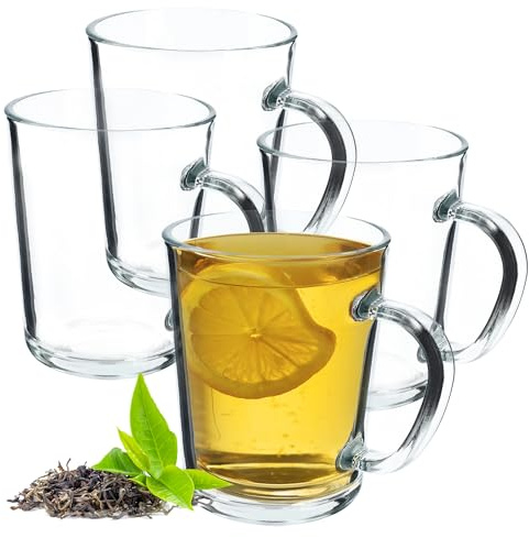KADAX - Lot de 4 verres en verre transparent avec anse - Tasses à boire en verre avec poignée, résistantes au lave-vaisselle - Tasses à café, tasses à thé, verres à eau, verres en verre pour boissons