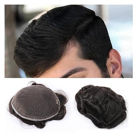 Perücken für Männer Herren-Toupet, dunkelbraune Haarteile, Echthaar-Prothese, 20,3 x 25,4 cm, volle feine Schweizer Spitze, Herren-Toupet, weiches, atmungsaktives Haarersatzsystem Herrenperücke ( Colo