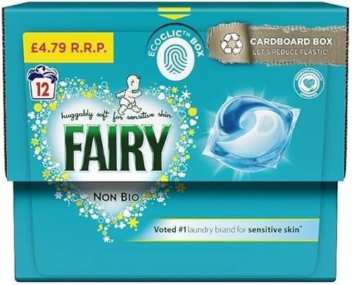 FAIRY Non-Bio PODS Washing Liquid Laundry Detergent Tablets/Capsules, 12 Washes, Stain Remover For Clothes, Huggable Soft with Fresh Scent