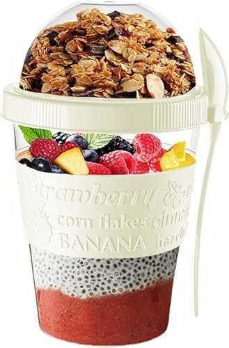VL Yogurt Pots Spoon Reusable 600ML Overnight Oats Muesli Cup with Lid BPA free Breakfast Cereal To Go Dishwasher Safe Snack Lunch Oatmeal Jars Travel Meal Food Container 20 (Cream)