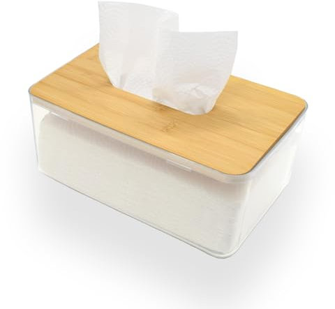 ieron Taschentuchbox aus Acryl, moderne transparente Spenderbox mit Deckel aus Bambusholz, Kosmetiktuchspender für Badezimmer, Schlafzimmer, Wohnzimmer (groß)