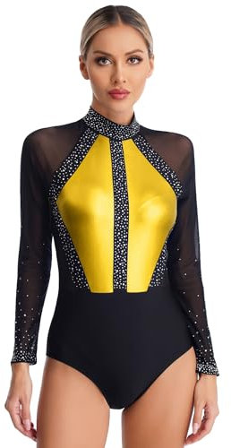 inlzdz Eiskunstlauf-Body Damen Turnanzug Gymnastik Leotard Tanz-Body Langarm Ballettbody Balletttrikot Metallic Gymnastikanzug Ballettanzug Gold M