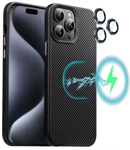 TECHGEAR iPhone 15 Pro Max Magnetic Case - Shockproof, [Carbon Fibre Detail] Drop Protection, Camera Lens Protectors & Tough Hard Back Compatible with MagSafe Case Cover for iPhone 15 Pro Max 6.7