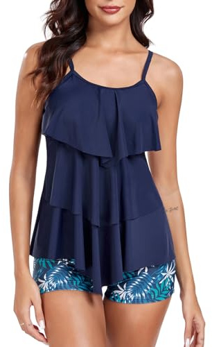 FLYILY Maillot de Bain 2 Pièces Femme Tankini Ensembles à Volants Maillot Haut Imprimé avec Short de Garçon Maillots de Bain Grande Taille(Navy,XL)