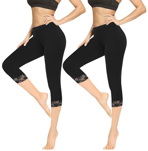 Geyuwoz Leggings Damen 3/4 High Waist Capri Leggins Blickdicht Caprihose Sommer Baumwolle Leggings mit Spitze Sporthose Leggins 7/8 für Damen Yoga Gym Schwarz 2er Pack BL XL