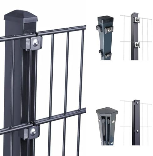HORI® Doppelstabmattenzaun 656 Basic | Komplett-Set: je 251 cm Gittermatten | Pfosten wahlweise mit Klemmhalter, Abdeckschiene und Eckpfosten Anthrazit RAL 7016 Höhe 163 cm Länge 12.5 m