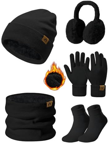 Niwicee Mütze Schal Handschuhe Damen Winter Set Fleece Gefütterte Wärmer Loop Schlauchschal Touchscreen Handschuhe Beanie Strickmütze Dicke Socken Plüsch Ohrenschützer Kombi Set 5 Stücke (Schwarz)