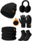 Niwicee Mütze Schal Handschuhe Damen Winter Set Fleece Gefütterte Wärmer Loop Schlauchschal Touchscreen Handschuhe Beanie Strickmütze Dicke Socken Plüsch Ohrenschützer Kombi Set 5 Stücke (Schwarz)