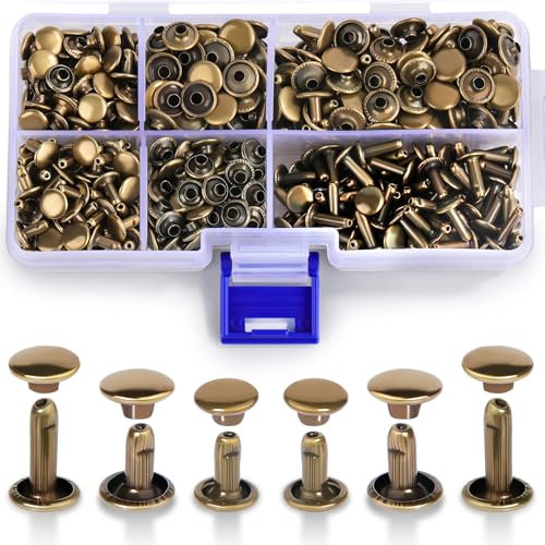 300 Sets Ledernieten, 3 Größen Ledernieten mit doppelter runder Kappe, röhrenförmige Metallnieten für Lederhandwerksreparaturen und Dekorationen (Antikes Grün)