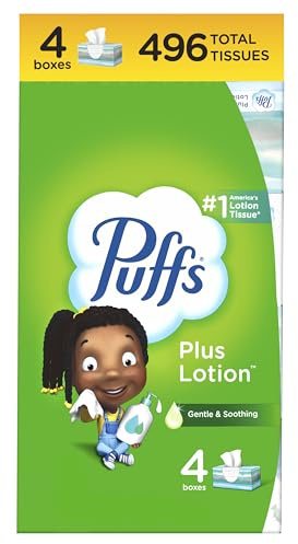 Puffs Plus Lotion Facial Tissues, 4 Family Boxes, 124 tissues per Box, Allergies and Colds