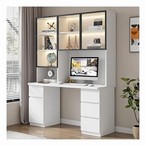 Escritorio moderno para oficina en casa con cajones y estantes de puerta de cristal, color blanco, 100 cm