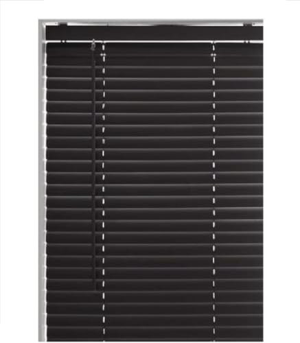 Black Plain PVC venetian Blind - Width 110cm x Drop 150cm - 25mm Horizontal Slats - Easy Fit Trimmable fitting with Tilt control Wand Mechanism