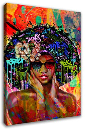 Tableau Moderne sur Toile Femme Africaine Style Pop Art décoration Murale Taille 60x40x2cm