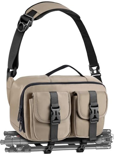 TAAOKA Bolsa bandolera ligera para cámara SLR/DSLR con soporte para trípode, bolsa cruzada impermeable para fotógrafos (café)