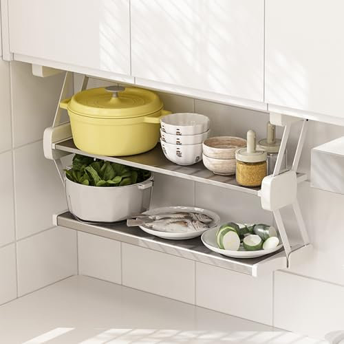 ASerZenith 2-stufiges Hebe- und Herunterziehregal, herunterklappbares Gewürzregal aus Edelstahl, einziehbares Geschirrregalsystem für unter Hängeschränke, trägt 10 kg/22 lbs