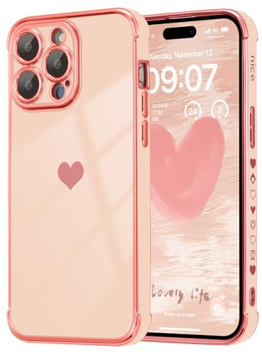 DEFBSC for iPhone 14 Pro Case Cute Side Love Heart Pattern,Pink | Fashion Plated Edge Soft TPU Bumper Shockproof Protective Phone Cover for Girls Women,Raised Camera Protection