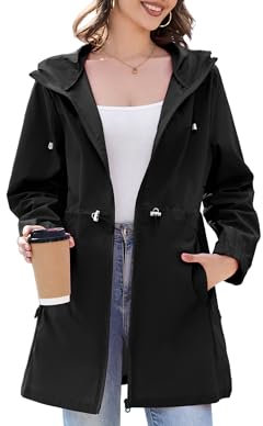 Durio Veste de pluie fine pour femme - Imperméable - Pliable - Avec capuche - Léger et respirant - Longue veste coupe-vent - Pour femme, Noir , M