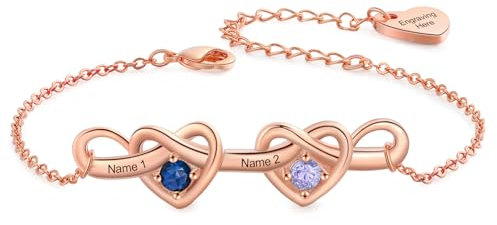 Personalised Birthstone Bracelets with 2-8 Names Silver Bracelet Jewellery Heart Friendship Bracelet Christmas Birthday Gifts for Women Girls Mum Sisters Girlfriend (Rose Gold-2 Birthstones 2 Names)