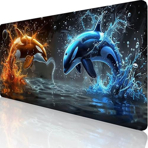 Blau Mauspad XXL 800x300x3mm, Groß Gaming Mauspad Delphin, Vernähte Kanten, Wasserdicht und Rutsch Mousepad PC Laptop verbessert Präzision und für Office Schreibtischunterlage/Tischunterlage J-X-P