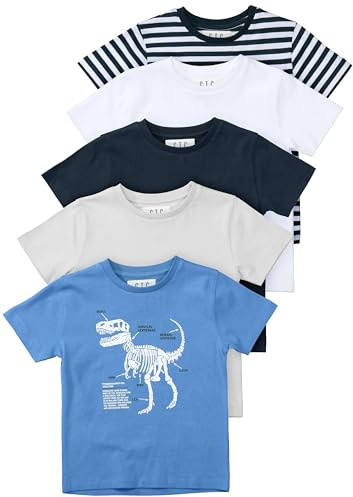 Staccato Kinder T-Shirt Set, 5 Stück, Dinosaurier-Design und Unifarben, Blau/Weiß/Schwarz/Grau, Gestreift