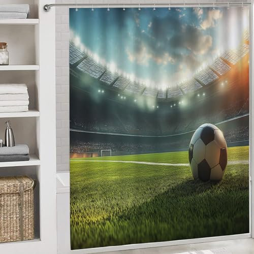 Cortina de Ducha para Baño y Bañera, Campo De Fútbol Cortina de Baño de Poliéster, Pradera Impermeable Lavable Cortina Ducha 200x200cm con 12 Ganchos de Plástico
