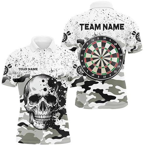 Outfitsuche Personalisierte Schwarz-Weiß Grunge Camo Totenkopf Dartshirt für Herren & Damen - Individuelles Dart-Teamtrikot Leistungsstarkes Darttrikot T1994