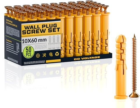 DC VOLTAGE 50 Pcs Wall Plugs and Screws Set 10mm x 60mm Concrete Fixings Screws and Wall Expansion Anchors Plugs Kit Wall Hanging Mounting TV Mount Drywall Self Tapping Screw Wall Plug