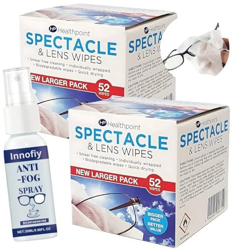 Healthpoint Spectacle & Lens Wipes – Extra Value 104 Wipes (2 x 52 Pack) | Glasses Wipes Individually Wrapped + Anti-Fog Spray for Glasses | Lens Cleaner for Glasses, Screens & Devices