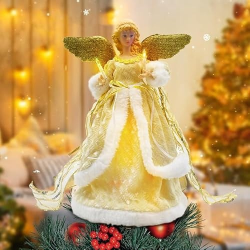 Weihnachtsbaumspitze, Weihnachtsengel mit bunten LED-Lichtern, 32,6 cm, Weihnachtsbaumspitze, beleuchtet für Dekorationen, Partygeschenke (Goldener Engel)