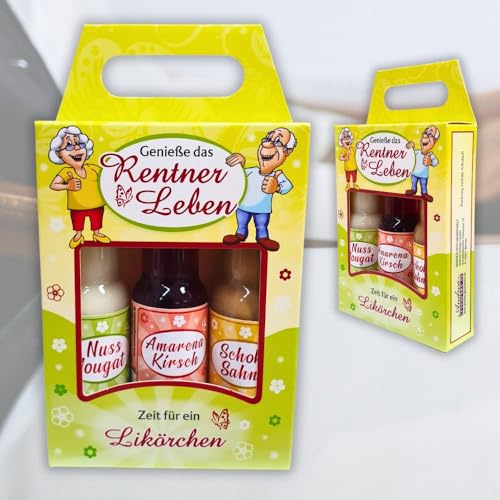 Rentner Geschenk zum Ruhestand Lustige Likör Box als Abschiedsgeschenk für Kollegen Opa und Oma Geschenkbox Genieße das Rentnerleben mit 3 Mini Likören Nuss Nougat Amarena Kirsch Schoko Sahne 3x2cl