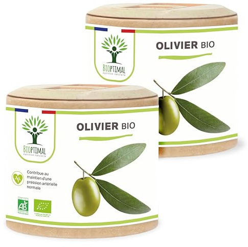 Olivier bio - Bioptimal - Complément alimentaire - Circulation Sanguine Tension Cardio - Feuille d'olivier en Poudre - 700mg par jour - Fabriqué en France - Certifié par Ecocert - 2x60 gélules