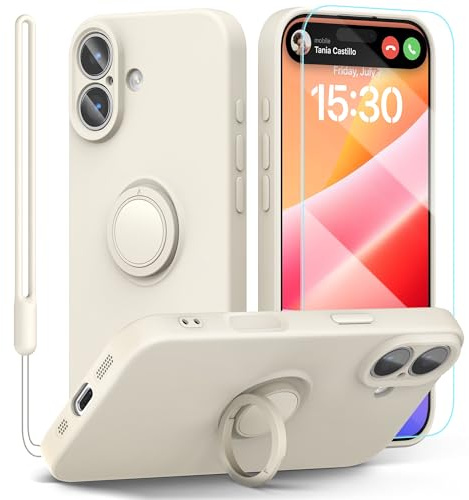 pcgaga Silicone Phone Case for iPhone 17 6.3 Inch with Screen Protector [Ring Holder Stand] [Wrist Strap] [Microfiber Lining] Slim Shockproof Protective Cover, 6.3, White Stone