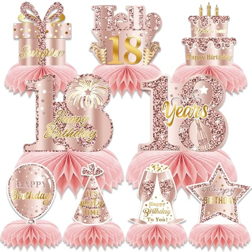 18 Geburtstag, 9 Stück Bienenwabe Mittelstück Tischdeko, Roségold Rosa Tischdekoration, Auffällig Geburtstag Party Deko Supplies, Geburtstagsgeschenk für Frauen(Roségold, 18)