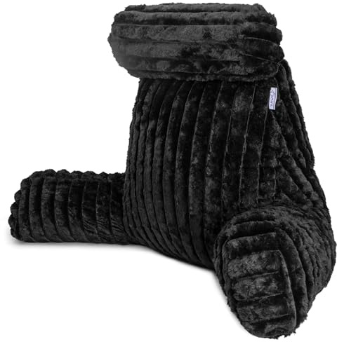 Aamira Reading Pillow, Memory Foam, Headrest, Faux Fur Ribbed Cover, Black | 66 x 50 x 105cm reading pillow with adjustable memory foam, armrests, detachable headrest, carry handle and rear pocket.