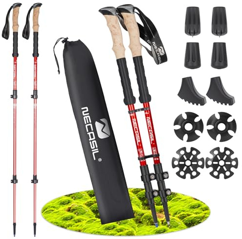 SWOURT Nordic Walking Stöcke Aluminium Teleskop Verstellbar & Faltbar – Ultraleichte Wanderstöcke für Damen & Herren mit Korkgriff und Viel Zubehör, Länge 62–135 cm (2025 Upgrade) (RED)