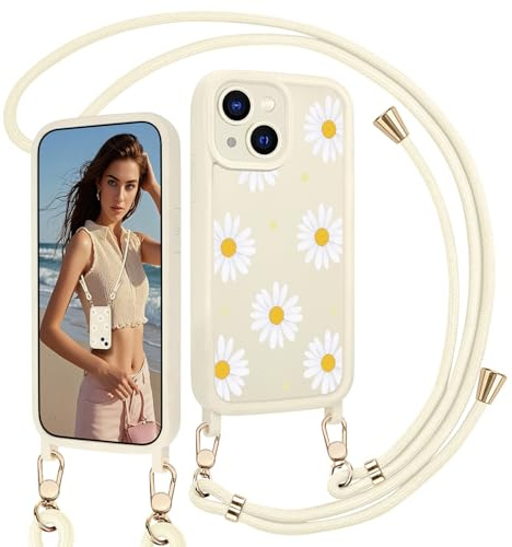 AICISINGN Handyhülle für iPhone 13 Hülle mit Band, Gänseblümchen mit Muster Matte mit Handyband Hülle Abnehmbar Kordel Handykette zum Umhängen Stoßfeste Kameraschutz für iPhone 13 Case Weiß, 07