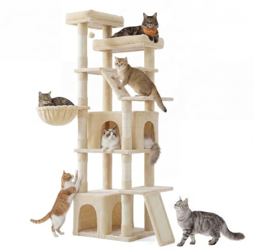Feandrea Kratzbaum groß, 184,5 cm hoch, Katzenbaum, 7 Kratzsäulen, 2 Höhlen | Katzenkratzbaum, 2 Kratzbrettern, 2 Große Liegefläche, Hängematte, Plüsch, Sandbeige, CLAWFY Kollektion, PCT014Y101