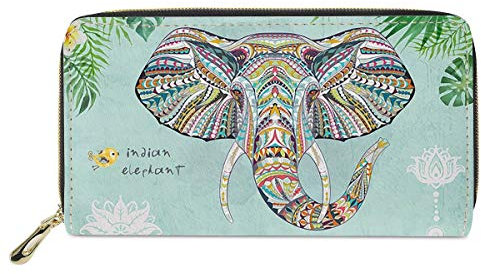 chaqlin Travel Leather Wallet für Damengeschenke India Elephant Zip Around Langlebige Lange Geldbörsen Handtasche Geldbörse Clutch Green