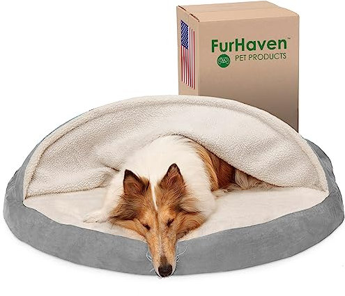 Furhaven Orthopädisches Hundebett für große Hunde, rund, mit abnehmbarem, waschbarem Bezug, für Hunde bis zu 36,3 kg – Sherpa & Wildleder Snuggery – Grau, 111,8 cm