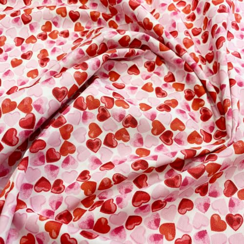 Tissu popeline de coton – Motif cœur rouge et rose sur fond blanc – Tissu au mètre