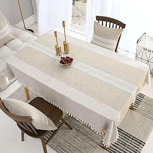 VIVILINEN Tischdecke Rechteckig Stoff Baumwolle Leinen Quaste Design Faltenfrei Waschbar Wiederverwendbar für Küche Esstischdekoration(140 x 180cm)
