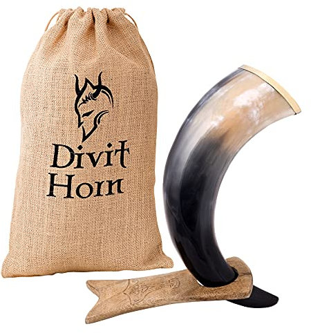 Corne à boire Viking avec support en fer véritable Divit | Ornements en laiton et sac-cadeau en toile de jute inclus | Corne de 13 ’’ et capacité de 16 oz (400 ml) | (Wooden, Mjolnir, Polished)