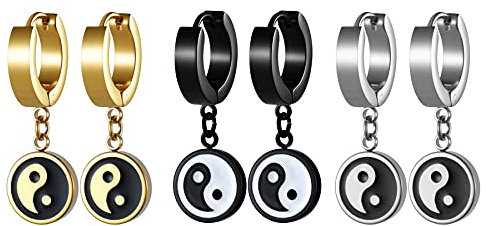 Flongo Damen Ohrringe Herren Ohrstecker Gestüt Stecker Creolen Huggie Ohrhänger Silber Gold Schwarz mit hängend Tai Chi Ying Yang Anhänger Biker für Frauen Männer