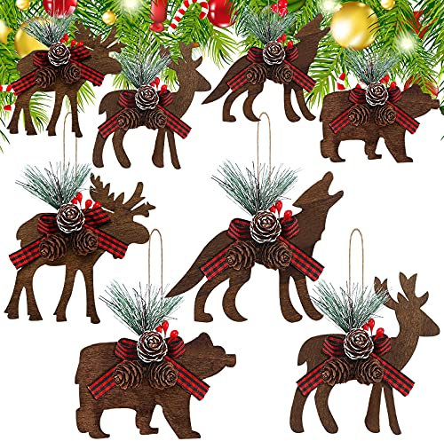 8 Stück Weihnachtsschmuck Büffel Plaid Schleife Ornamente Weihnachtsbaum Holz Rentier Dekorationen Rustikale Tier hängende Dekoration mit Tannenzapfen Nadeln für Desktop Display Dekorationen